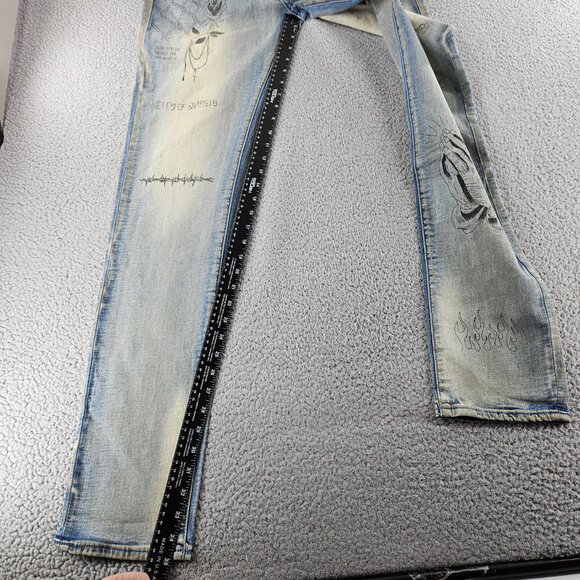 mnml X182 Stretch Denim Jeans Mens 36 Blue Los Angeles Graphic Distressed Slim - Picture 10 of 16